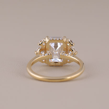 Vintage Style Emerald Cut Moissanite Engagement Ring, 14K Solid Gold Cluster Set Wedding Ring For Women