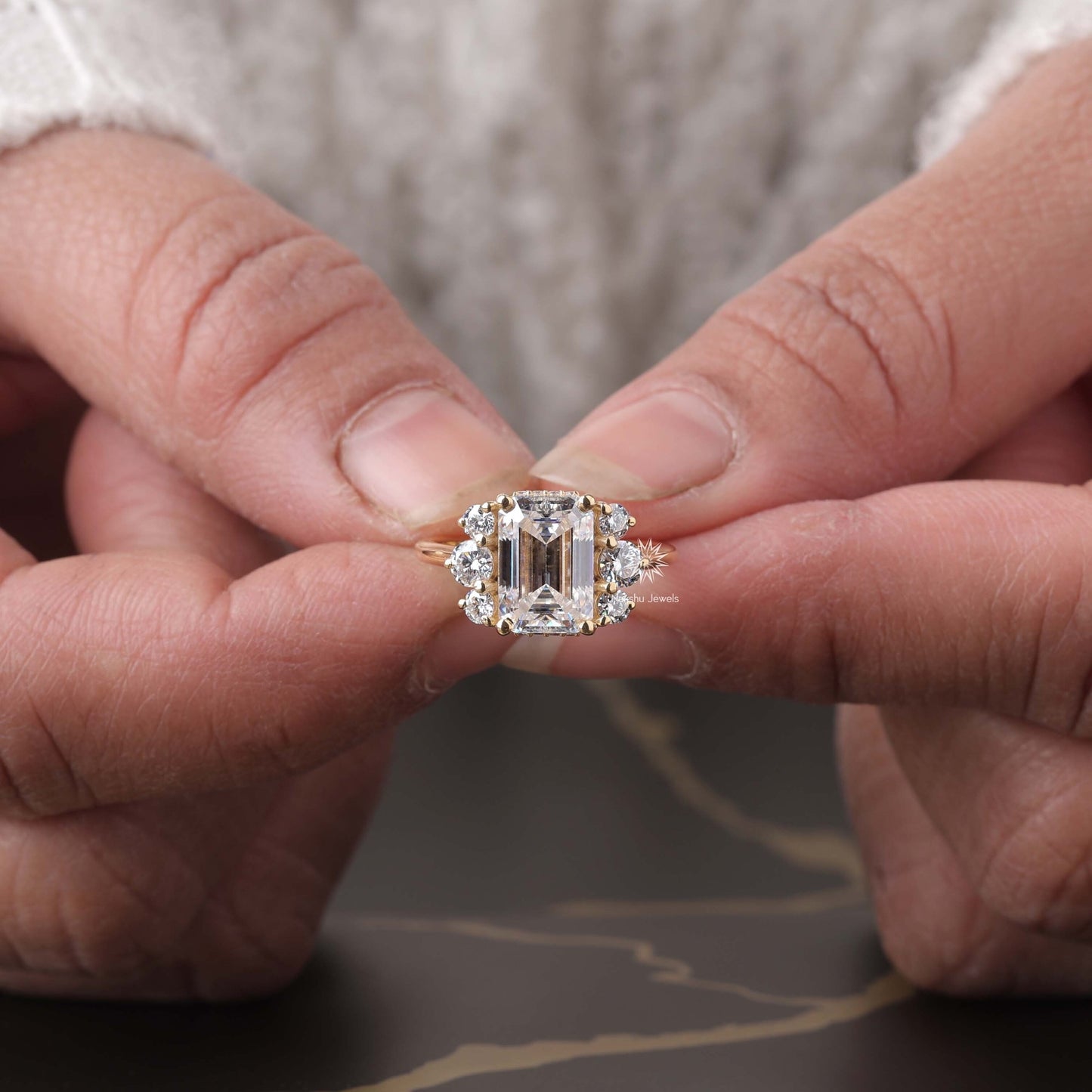 Vintage Style Emerald Cut Moissanite Engagement Ring, 14K Solid Gold Cluster Set Wedding Ring For Women