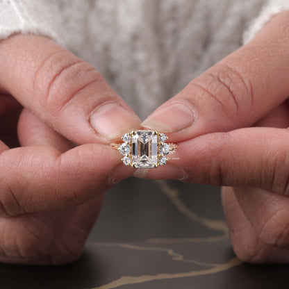 Vintage Style Emerald Cut Moissanite Engagement Ring, 14K Solid Gold Cluster Set Wedding Ring For Women