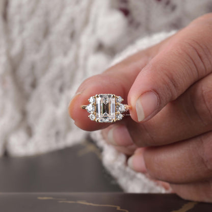 Vintage Style Emerald Cut Moissanite Engagement Ring, 14K Solid Gold Cluster Set Wedding Ring For Women