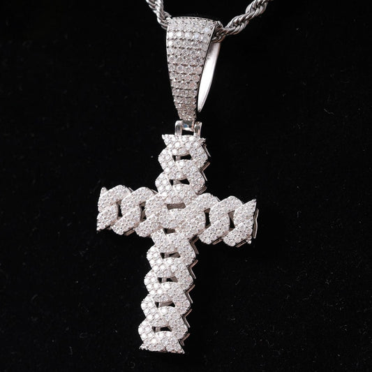 Round Cut Moissanite Iced Out Cuban Link Chain Cross Pendant For Men, Hip Hop Jewelry For Rapper In 925 Sterling Silver