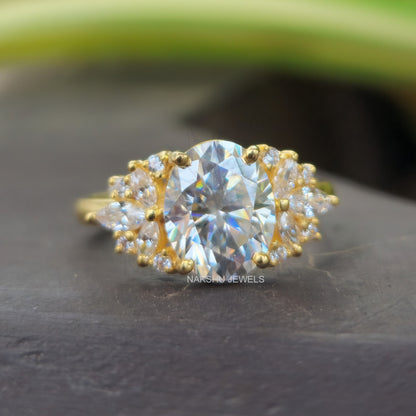 2CT Oval Cut Yellow Gold Moissanite Cluster Engagement Ring For Women