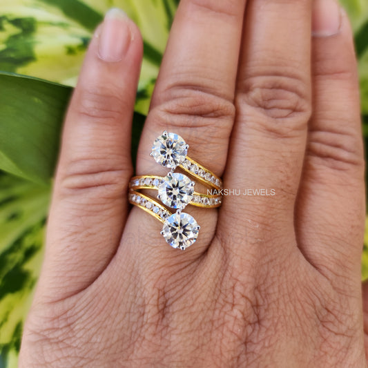 Three Stone Round Cut Moissanite Pave Engagement Ring