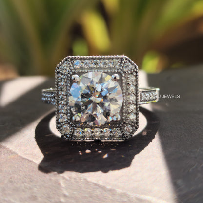 3CT Round Diamond Ring, Vintage Style Halo Milgrain Engagement Ring