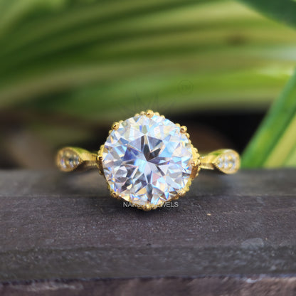 Antique Jubilee Cut Round Moissanite Ring, 4CT Yellow Gold Bridal Anniversary Ring