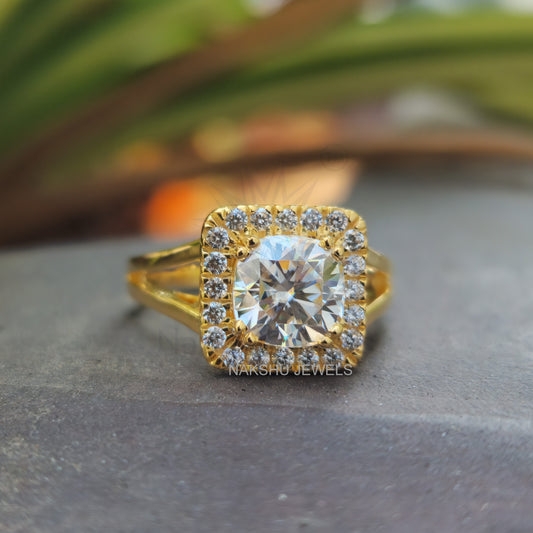 Cushion Cut Colorless Moissanite Split Shank Halo Engagement Ring