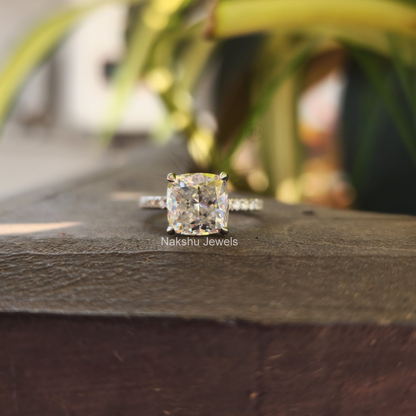 Crushed Ice Cushion Cut Moissanite Engagement Ring