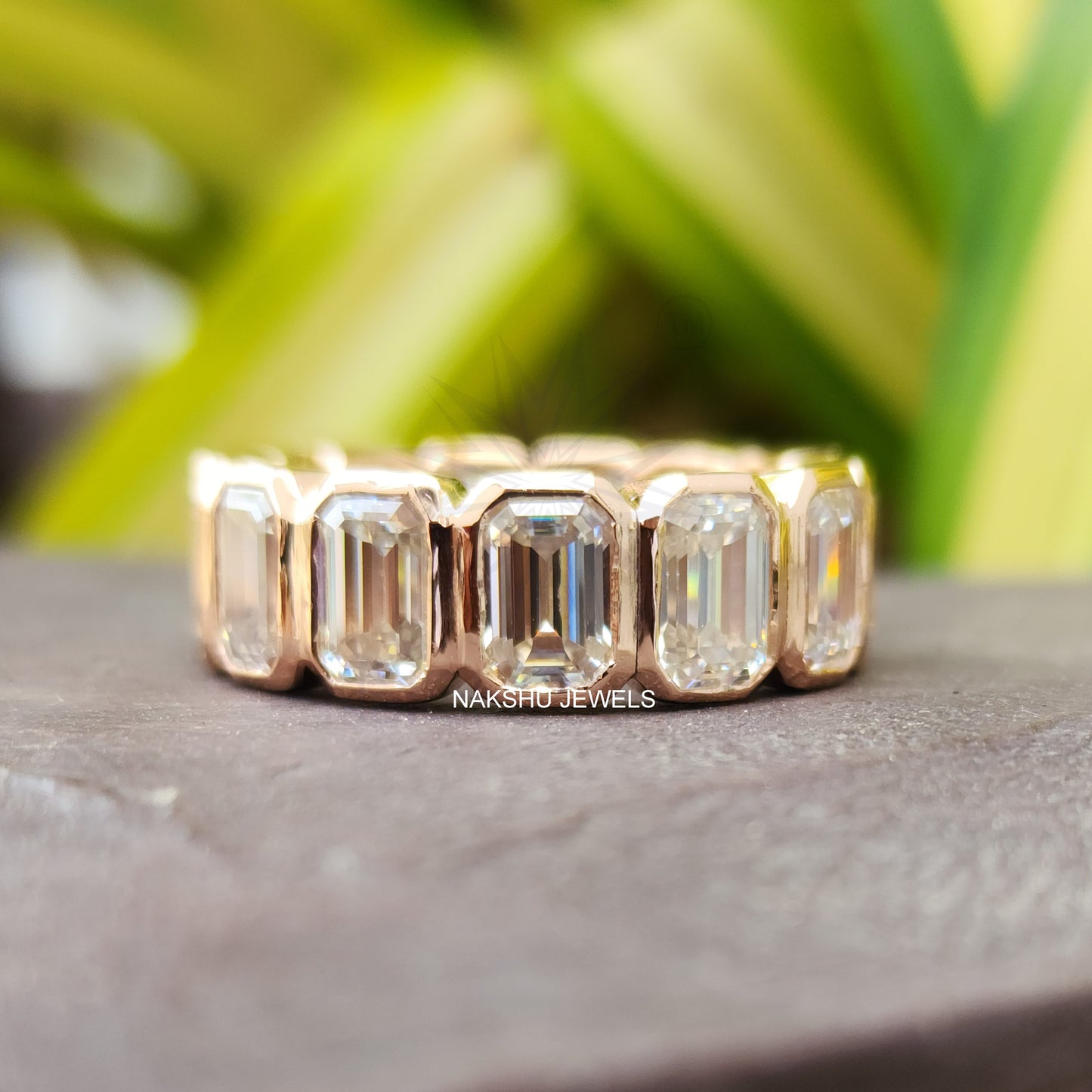 6x4 MM Emerald Moissanite Rose Gold Eternity Wedding Stackable Band