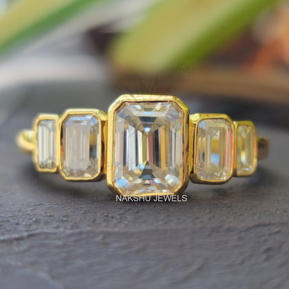 Emerald Cut Moissanite Bezel Set Engagement Ring - 5 Stone Moissanite Ring