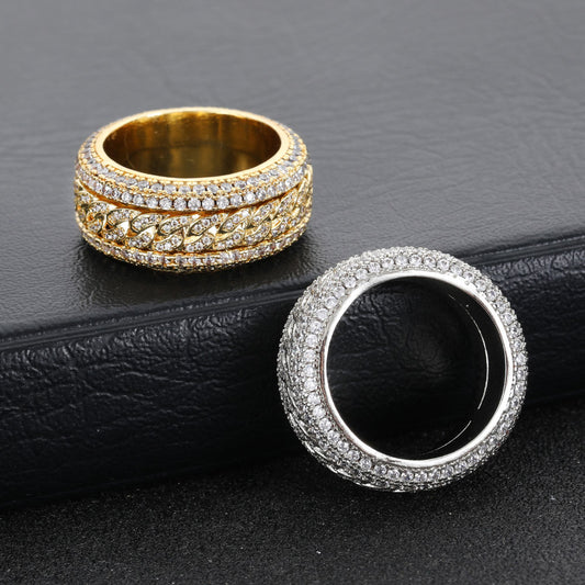 Iced Out Round Moissanite Hip Hop Cuban Link Chain Ring, 925 Sterling Silver Engagement Wedding Band Ring For Men - Women and Rapper