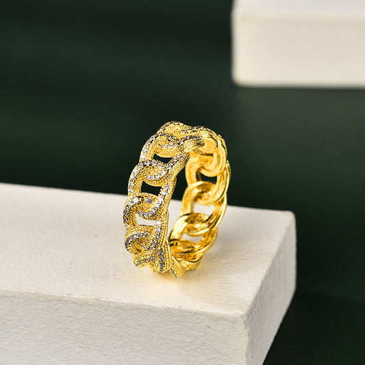 Round Cut Hip Hop Moissanite Milgrain Cuban Link Full Eternity Men's Silver Iced Out Diamond Ring