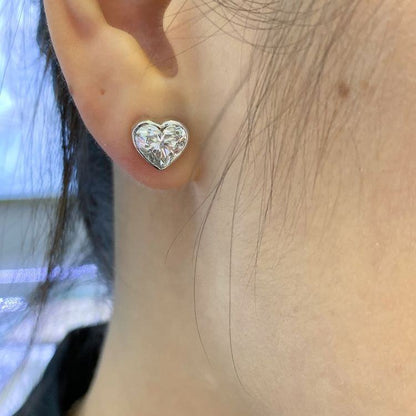 Heart Moissanite Solitaire Stud Earring In 14K Solid White Gold