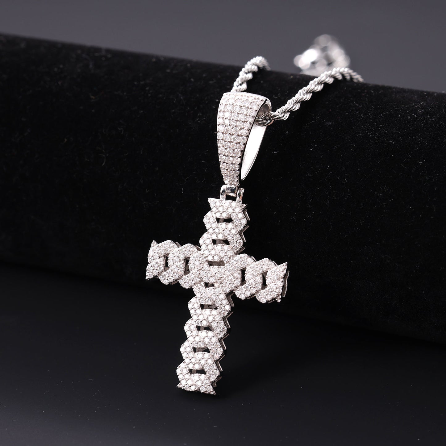 Round Cut Moissanite Iced Out Cuban Link Chain Cross Pendant For Men, Hip Hop Jewelry For Rapper In 925 Sterling Silver