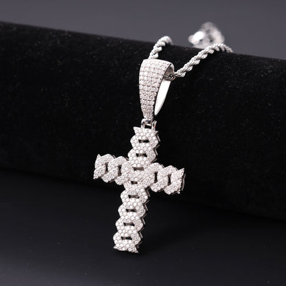 Round Cut Moissanite Iced Out Cuban Link Chain Cross Pendant For Men, Hip Hop Jewelry For Rapper In 925 Sterling Silver