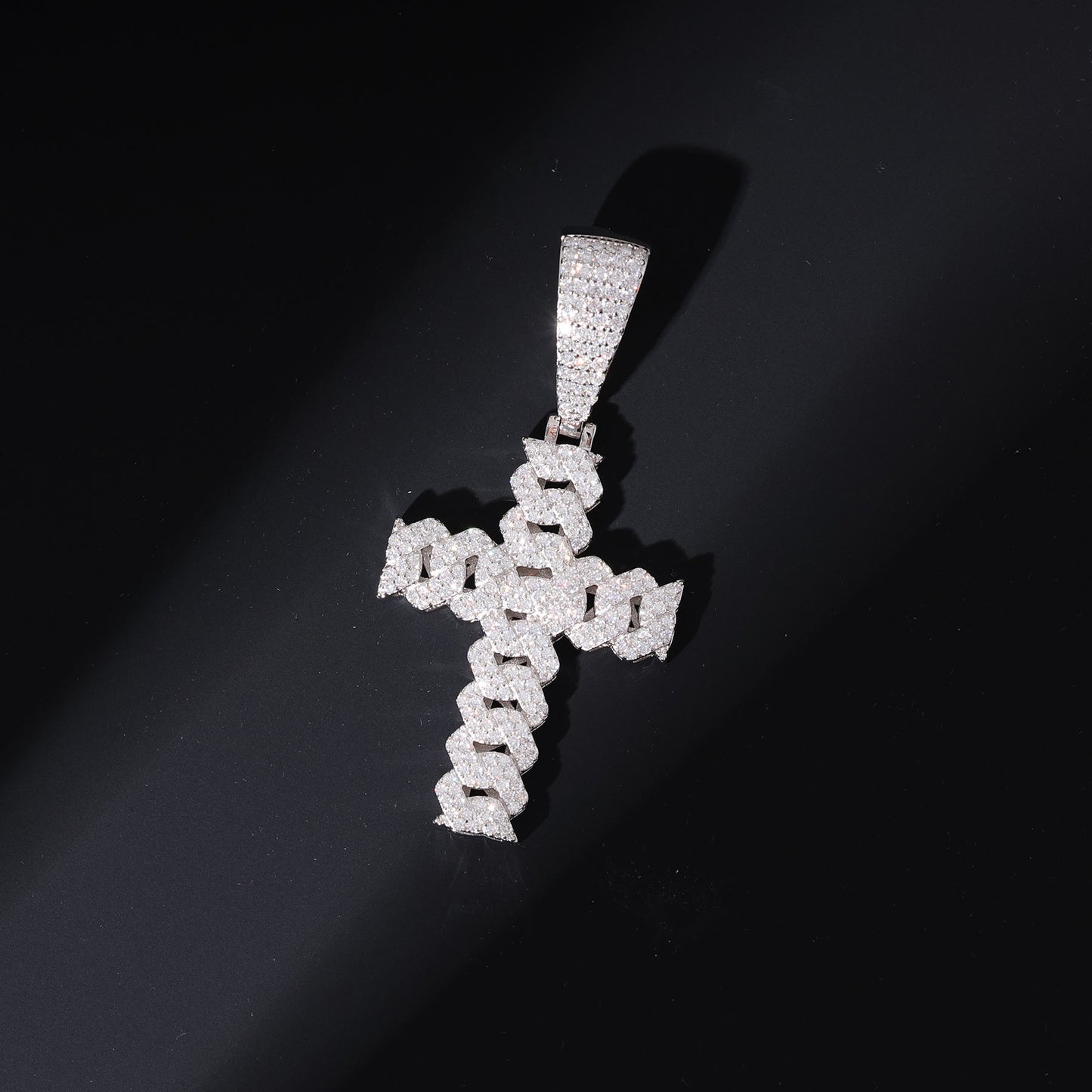 Round Cut Moissanite Iced Out Cuban Link Chain Cross Pendant For Men, Hip Hop Jewelry For Rapper In 925 Sterling Silver