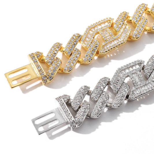 Diamond Tester Passing Moissanite Baguette And Round 925 Silver Hip Hop Miami Cuban Link Chain Bracelet For Men - Women and Rapper