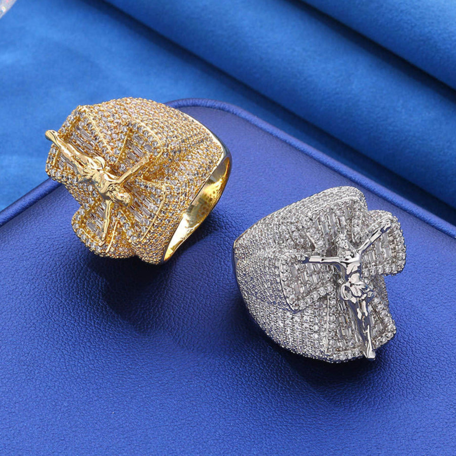 Iced Out Moissanite Cross Ring For Men, Hip Hop Rapper Jewelry Rings
