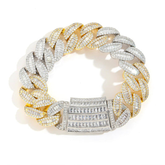 Round and Baguette Moissanite 20mm Hip Hop Cuban Link Chain Bracelet, 925 Sterling Silver Bracelet For Men