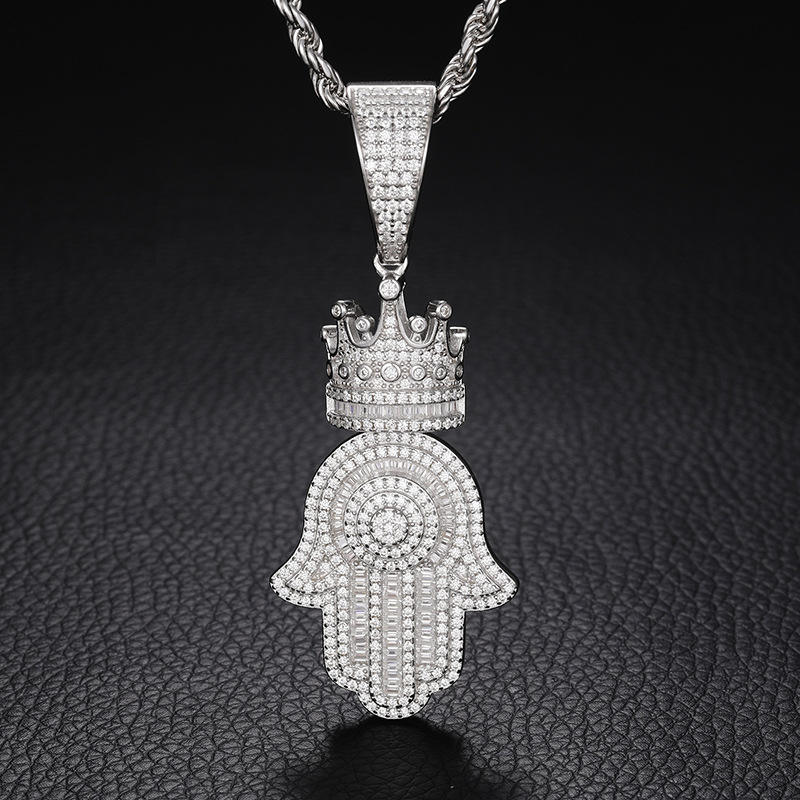 925 Sterling Silver Moissanite Crown Hamsa Hand Pendant Hip Hop Iced Out Jewelry for Men Women