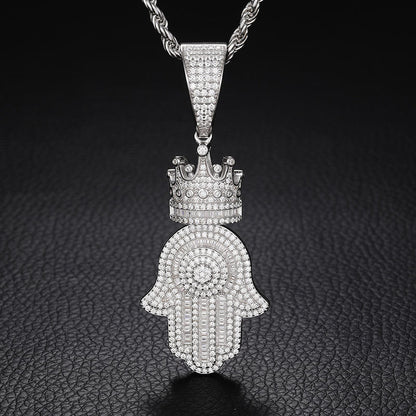 925 Sterling Silver Moissanite Crown Hamsa Hand Pendant Hip Hop Iced Out Jewelry for Men Women
