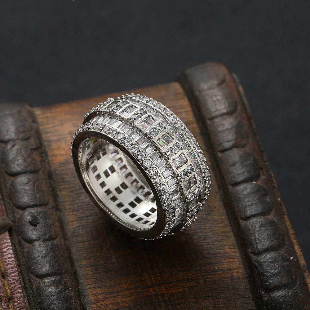 Classic Full Eternity Round & Baguette Cut Moissanite Pave Band, Wide Band Diamond Ring, Iced Out Men's Wedding Band
