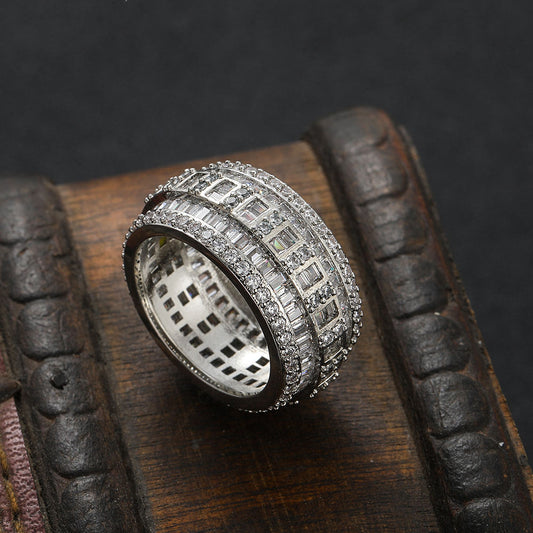 Classic Full Eternity Hip Hop Round & Baguette Moissanite Pave Band, Men's Wide Band Iced Out Silver Wedding Diamond Ring