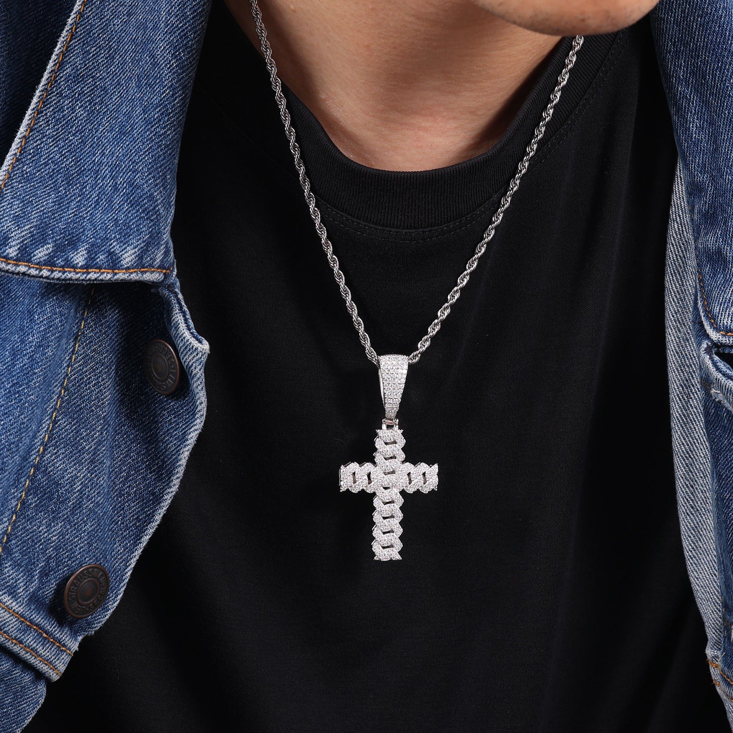 Round Cut Moissanite Iced Out Cuban Link Chain Cross Pendant For Men, Hip Hop Jewelry For Rapper In 925 Sterling Silver