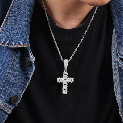 Round Cut Moissanite Iced Out Cuban Link Chain Cross Pendant For Men, Hip Hop Jewelry For Rapper In 925 Sterling Silver