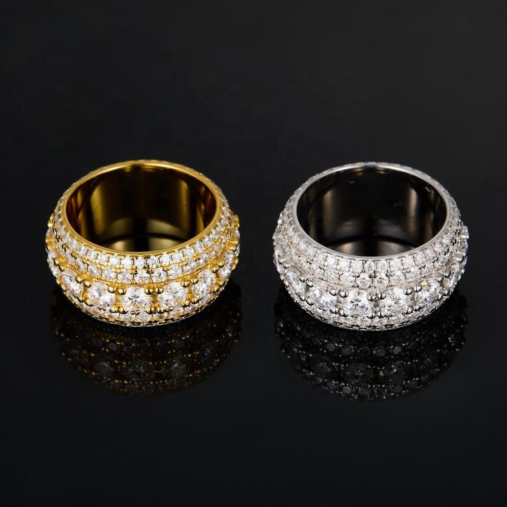Round Moissanite 5 Rows Iced Out Wedding Band Rings, Hip Hop Moissanite Fashion Jewelry Rings For Men