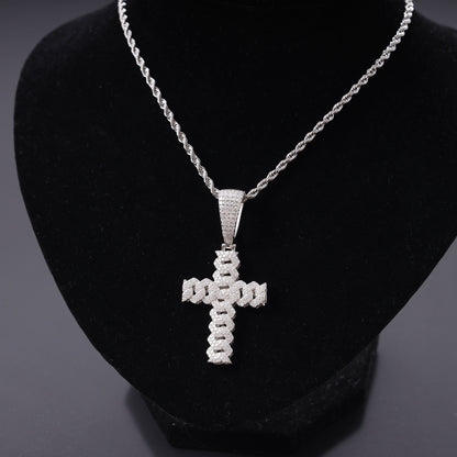Round Cut Moissanite Iced Out Cuban Link Chain Cross Pendant For Men, Hip Hop Jewelry For Rapper In 925 Sterling Silver