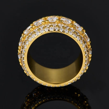 Round Moissanite 5 Rows Iced Out Wedding Band Rings, Hip Hop Moissanite Fashion Jewelry Rings For Men