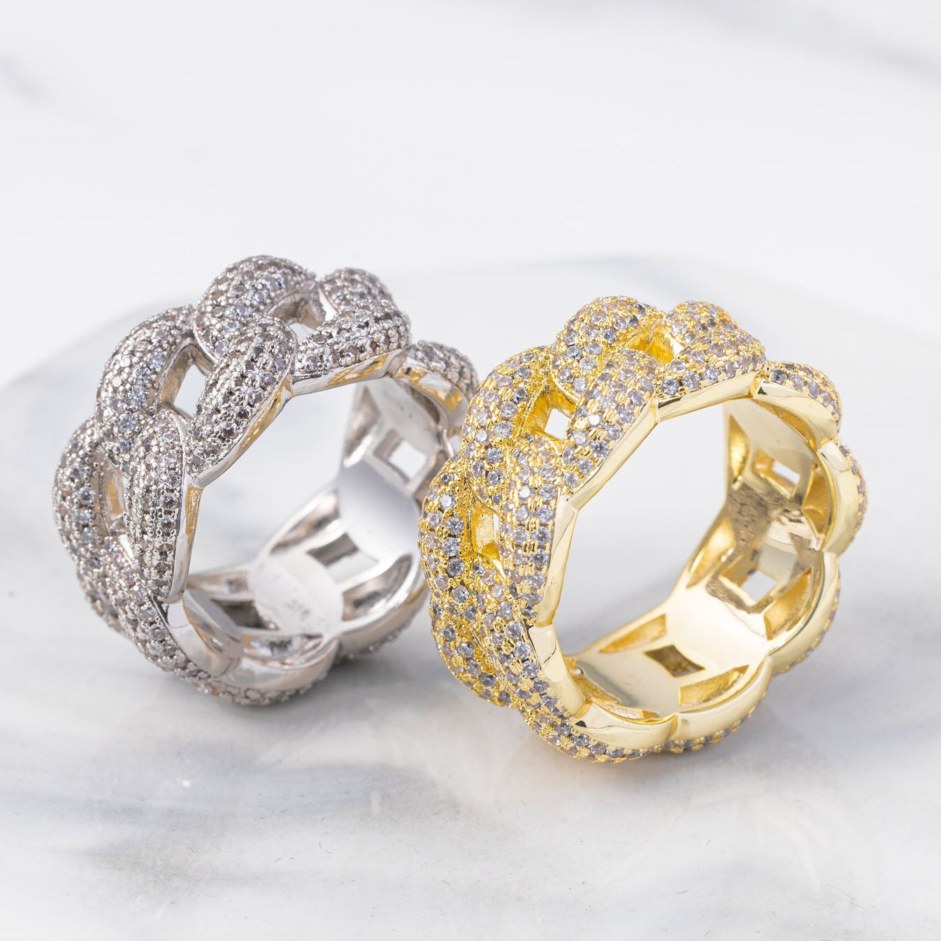 Fully Iced Out Moissanite Cuban Link Chain Rings For Men's, Rapper Hip Hop Ring Jewelry