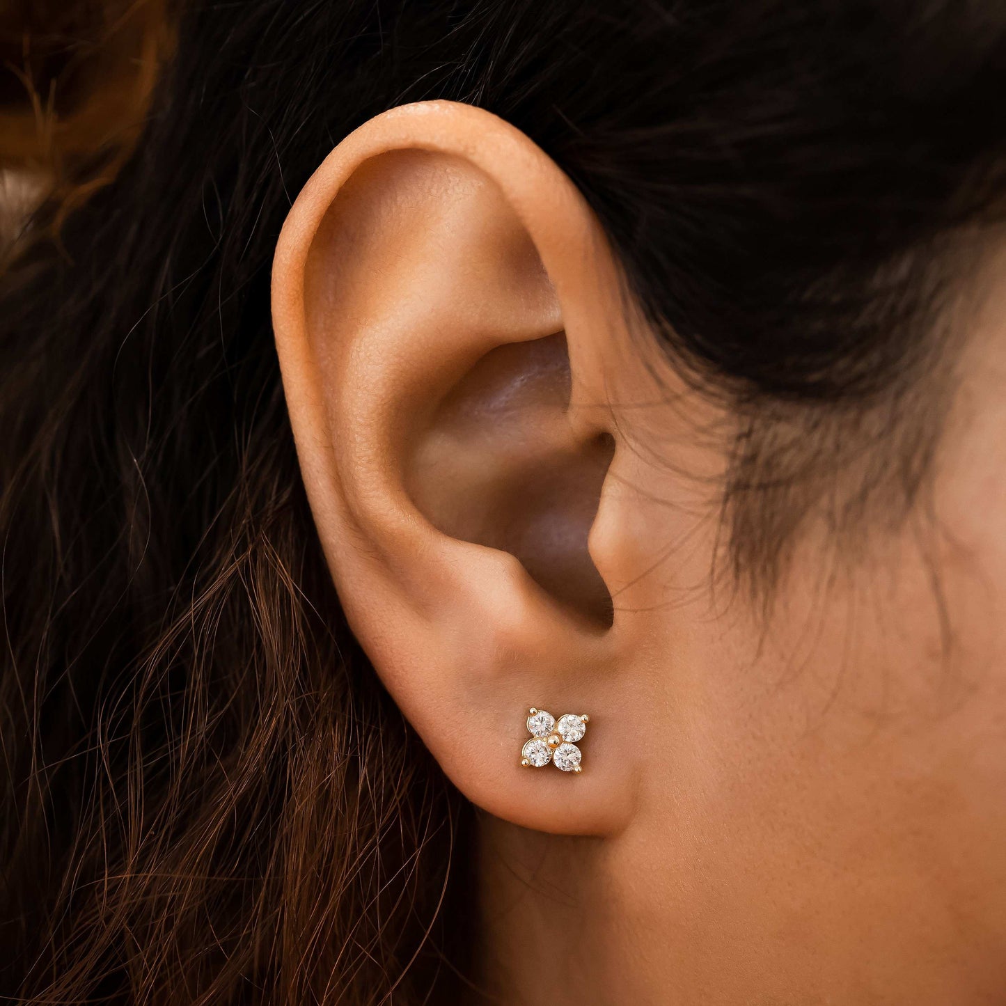 Round Moissanite Stud 4 Clover Earring, Moissanite Diamond Earring Gift for Wife, Mother, Daughter
