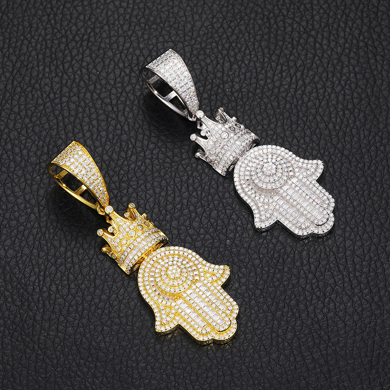 925 Sterling Silver Moissanite Crown Hamsa Hand Pendant Hip Hop Iced Out Jewelry for Men Women
