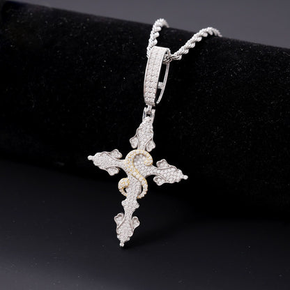 Round Cut Moissanite " S " Name Latter Hip Hop Jesus Cross Pendant Men's Jewelry, Fully Iced Out Jewelry For Rapper