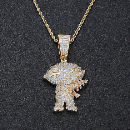 Round Cut Natural Moissanite" Pendant Character Charm White Gold Finish Cartoon Stewie Griffin Hip Hop Moissanite Pendant