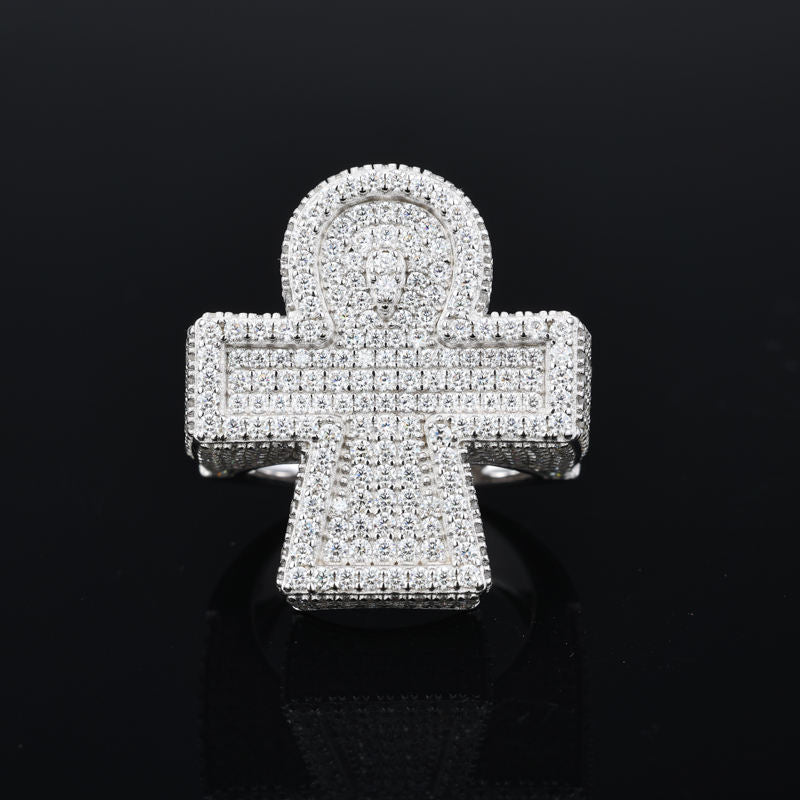 Hip Hop 925 Sterling Silver Cross Ring Micro-paved VVS Moissanite Diamond Ring Cross Jewelry Ring for Man