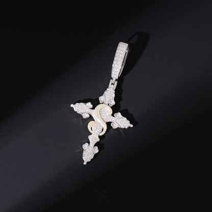 Round Cut Moissanite " S " Name Latter Hip Hop Jesus Cross Pendant Men's Jewelry, Fully Iced Out Jewelry For Rapper