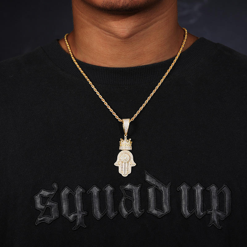 925 Sterling Silver Moissanite Crown Hamsa Hand Pendant Hip Hop Iced Out Jewelry for Men Women