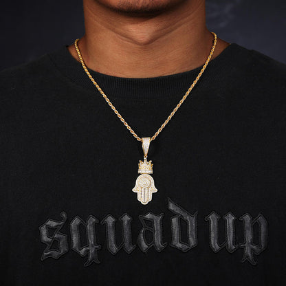 925 Sterling Silver Moissanite Crown Hamsa Hand Pendant Hip Hop Iced Out Jewelry for Men Women