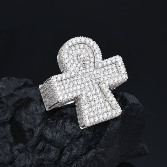 Hip Hop 925 Sterling Silver Cross Ring Micro-paved VVS Moissanite Diamond Ring Cross Jewelry Ring for Man