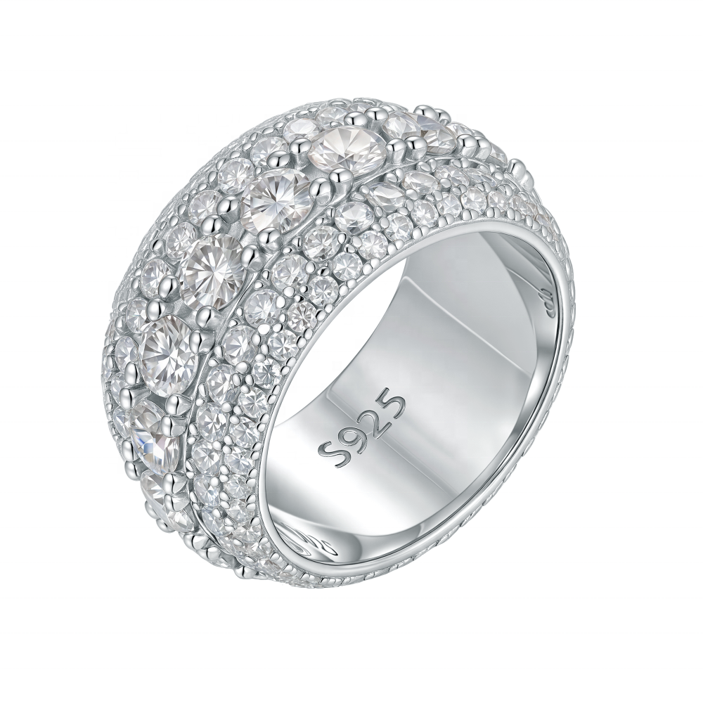 Round Moissanite 5 Rows Iced Out Wedding Band Rings, Hip Hop Moissanite Fashion Jewelry Rings For Men