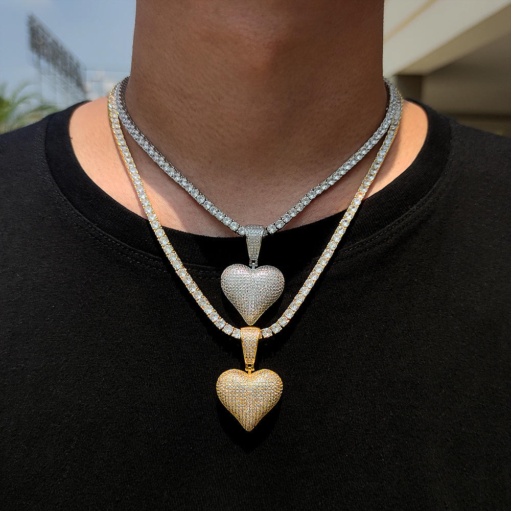 Hip Hop Paved Moissanite Diamond 3D Heart Iced Out Pendant Necklace For Men And Women