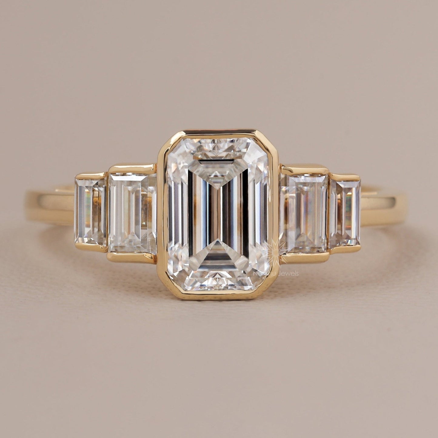 Emerald Cut Moissanite 3 Stone Wedding Engagement Ring, 14K Gold 5 Stone Wedding Ring