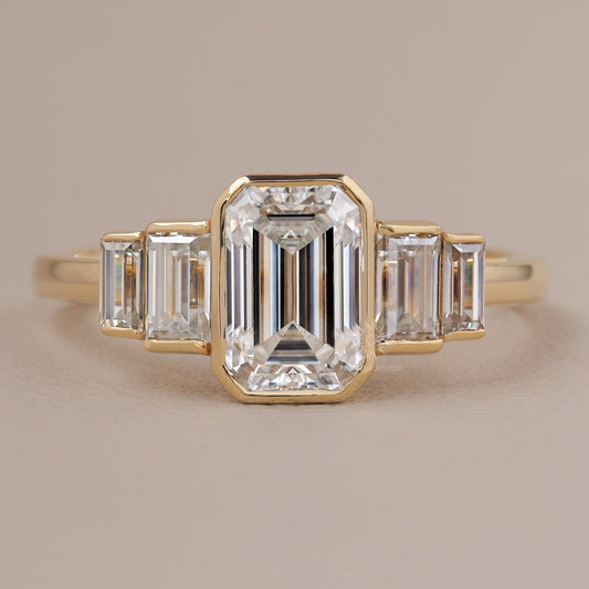 Emerald Cut Moissanite 3 Stone Wedding Engagement Ring, 14K Gold 5 Stone Wedding Ring