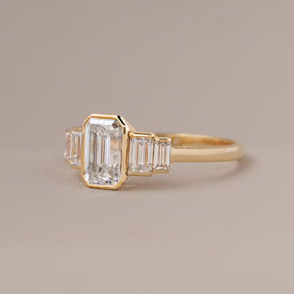Emerald Cut Moissanite 3 Stone Wedding Engagement Ring, 14K Gold 5 Stone Wedding Ring