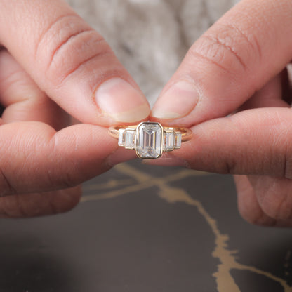 Emerald Cut Moissanite 3 Stone Wedding Engagement Ring, 14K Gold 5 Stone Wedding Ring