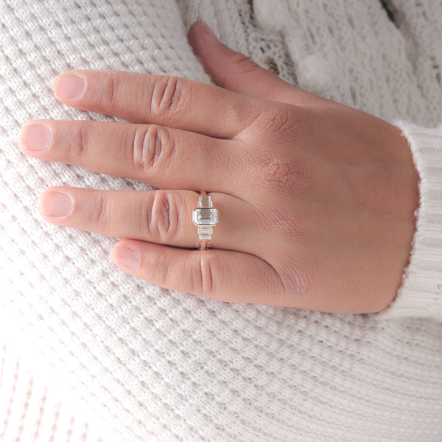 Emerald Cut Moissanite 3 Stone Wedding Engagement Ring, 14K Gold 5 Stone Wedding Ring