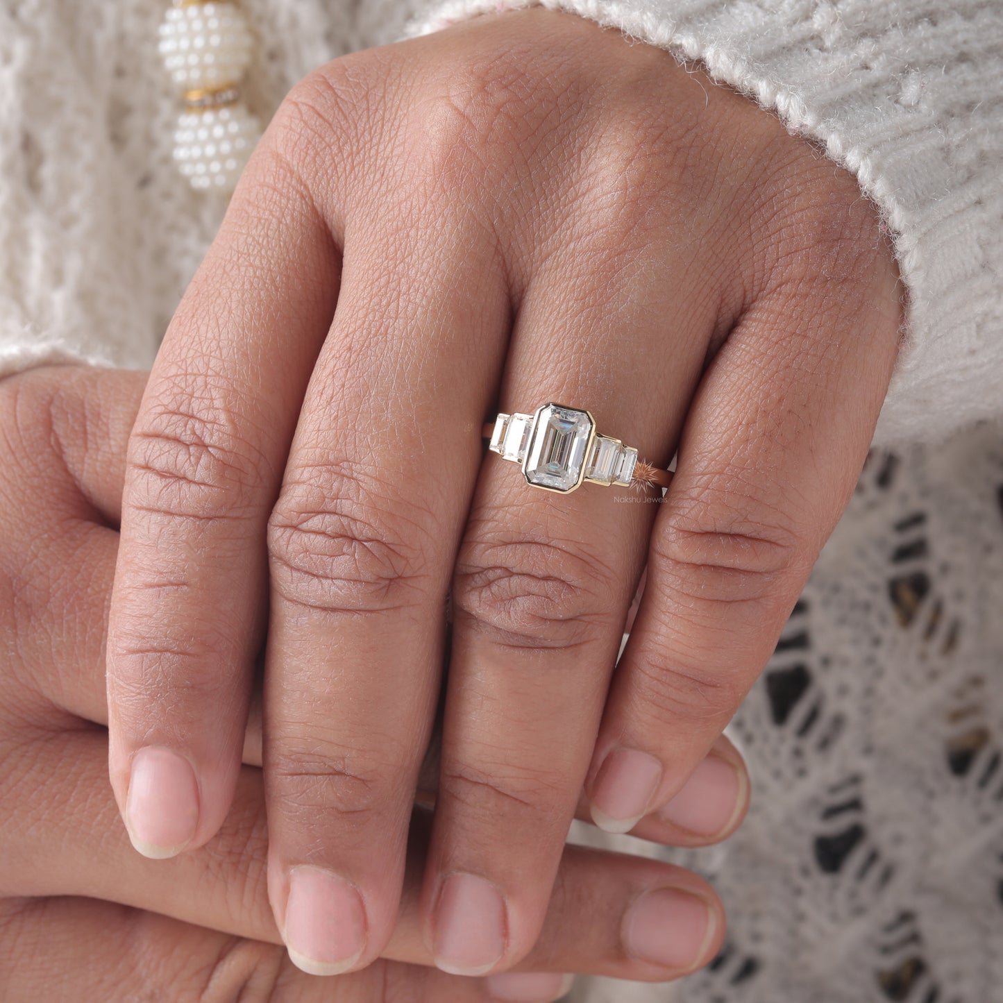 Emerald Cut Moissanite 3 Stone Wedding Engagement Ring, 14K Gold 5 Stone Wedding Ring