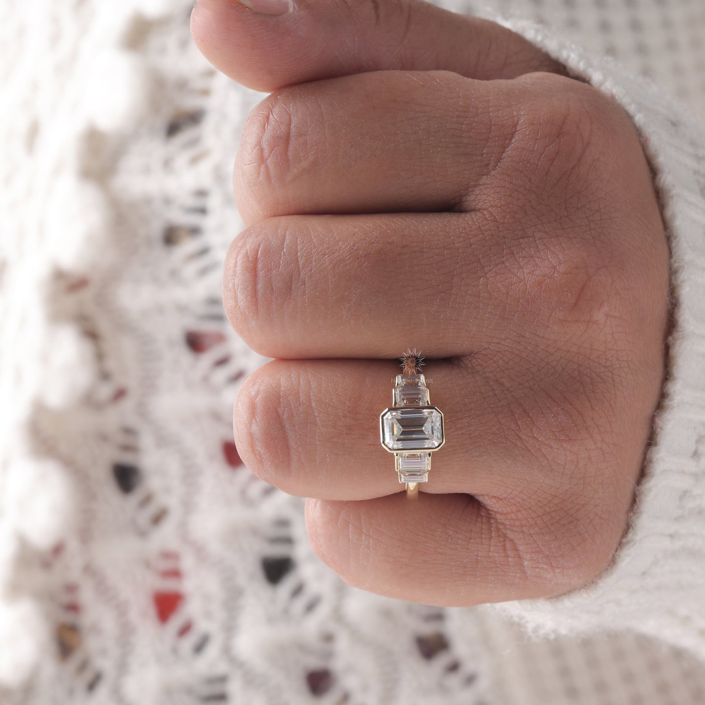 Emerald Cut Moissanite 3 Stone Wedding Engagement Ring, 14K Gold 5 Stone Wedding Ring